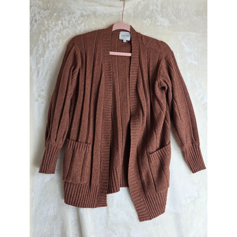 PINK ROSE Ribbed Knit Open Front Cardigan Sweater‎ Brown Size S